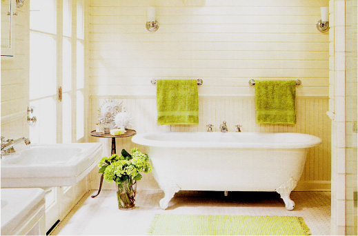 White, traditional bathroom with claw-foot tub and wainscotting.